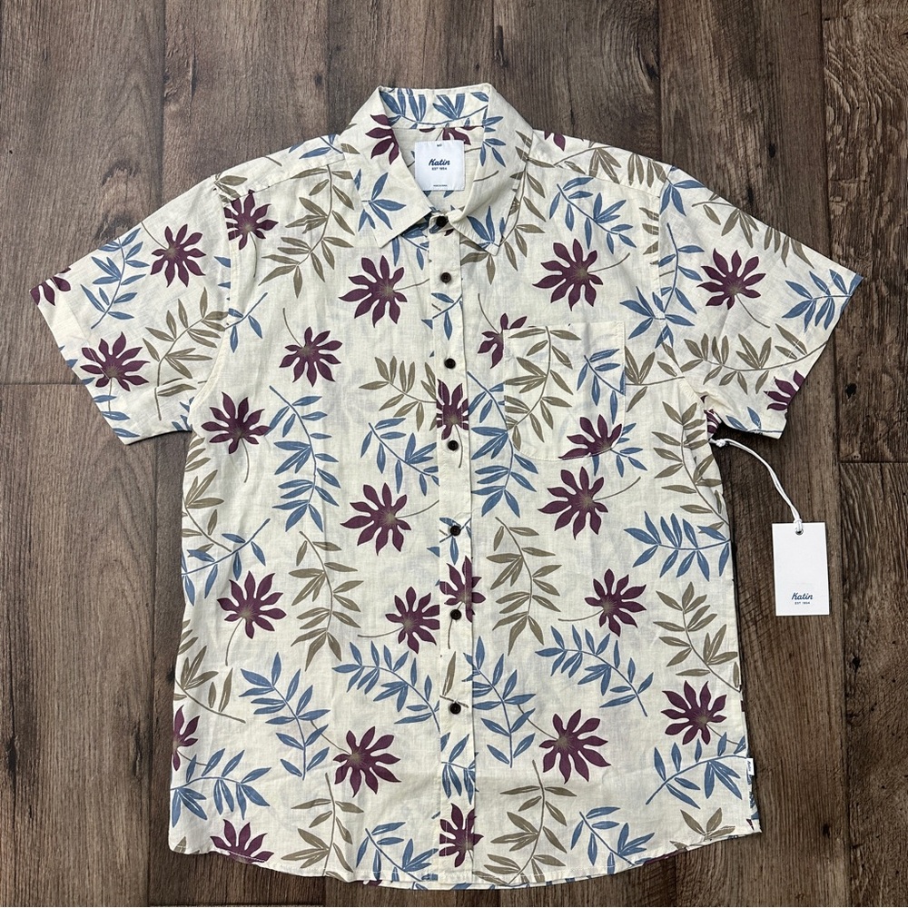 Katin Linen Cotton Blend Button Up Shirt Men’s Size M Off White Floral